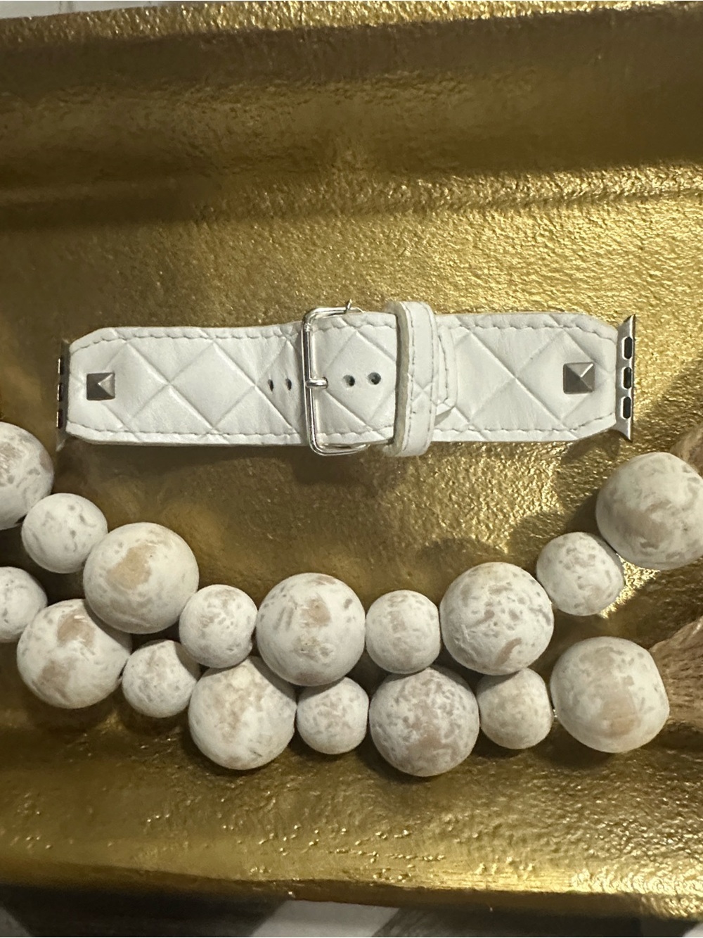 Quilted White Leather Apple Watch Band with Stud Details